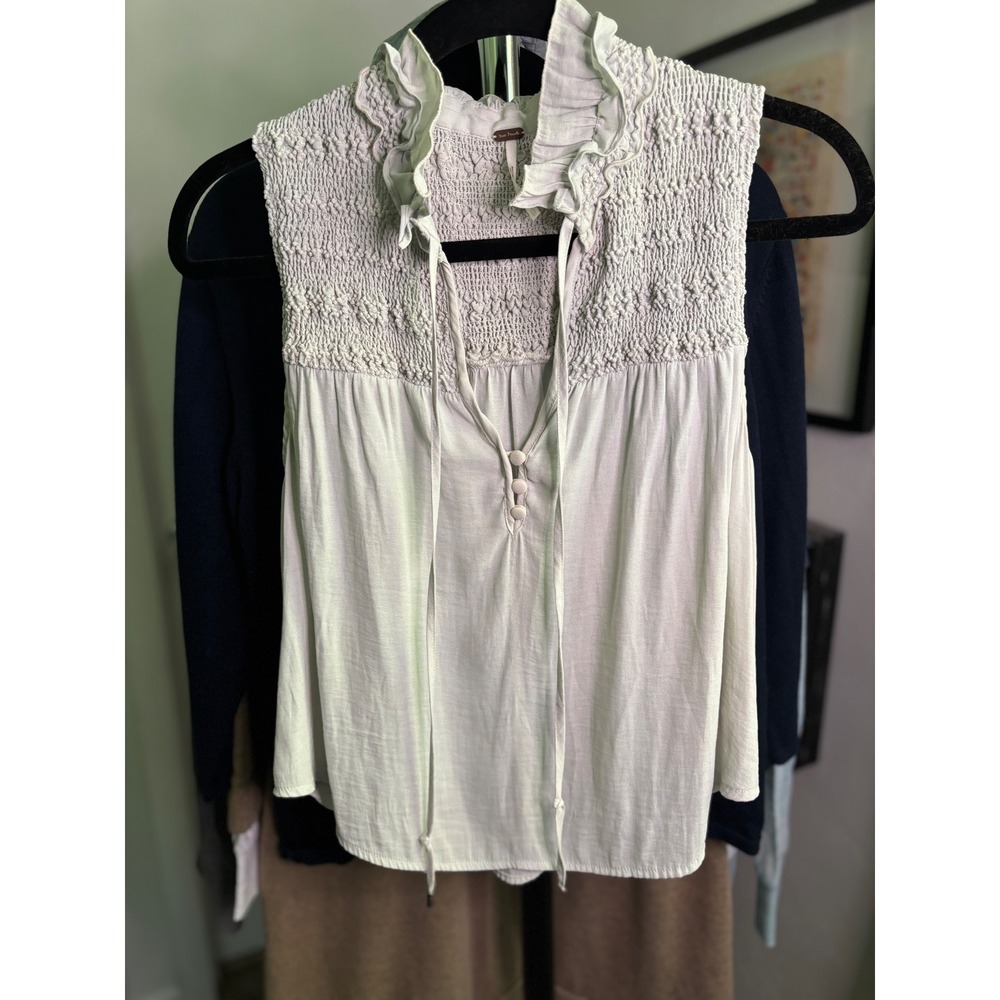 Free People Womens Smocked Ruffle Neck Sleeveless Blouse Mint Green XS